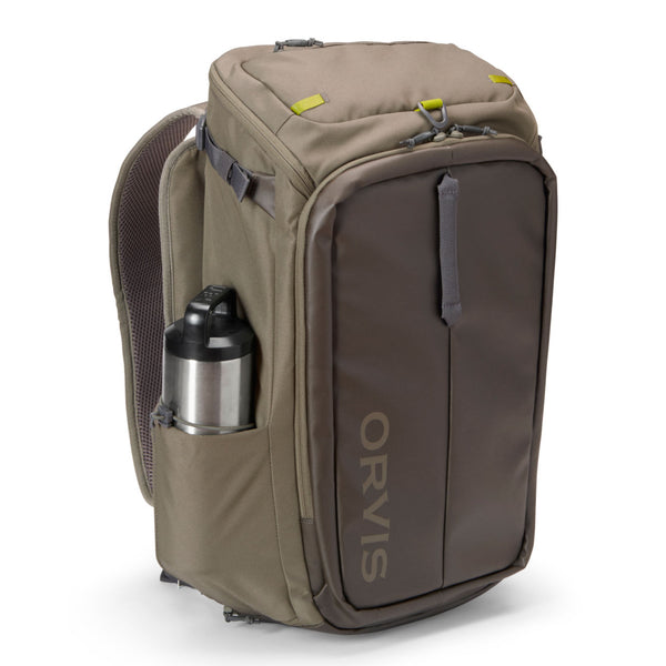 Front of Orvis fishing backpack with side pocket