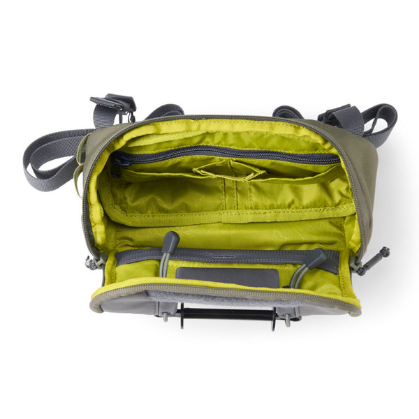 Inside of grey fishing pack with light green inside