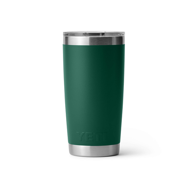 Green YETI tumbler with silver lid on a white background