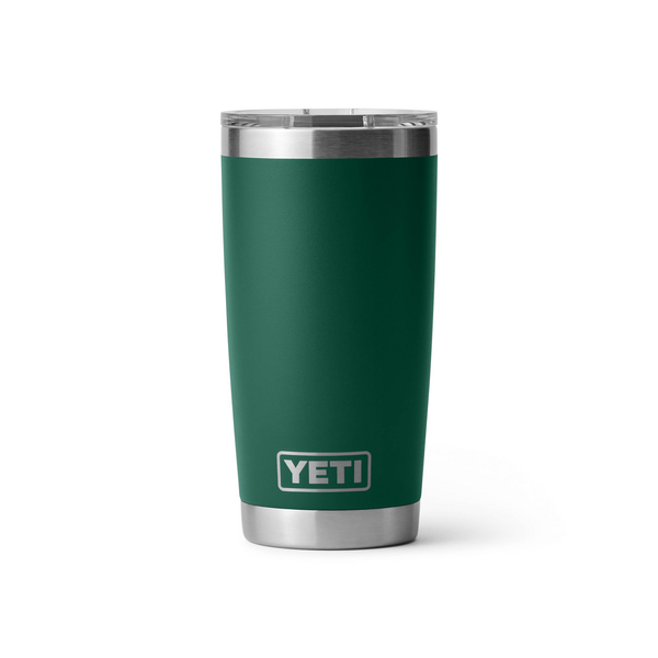 Green YETI tumbler with silver lid on a white background