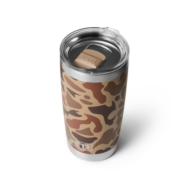 Camouflage-patterned Yeti tumbler with a clear lid on a white background