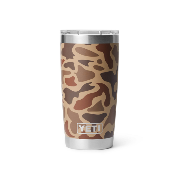 Camouflage-patterned YETI tumbler on a white background