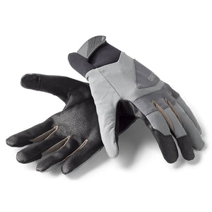 Pair of black and grey gloves on a white background