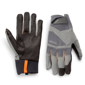Pair of grey and black gloves with 'Orvis' branding on a white background