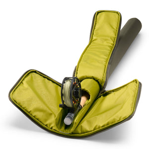 Fishing pack folded out with fly rod
