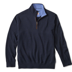 Navy blue pullover with a brown zipper on a white background