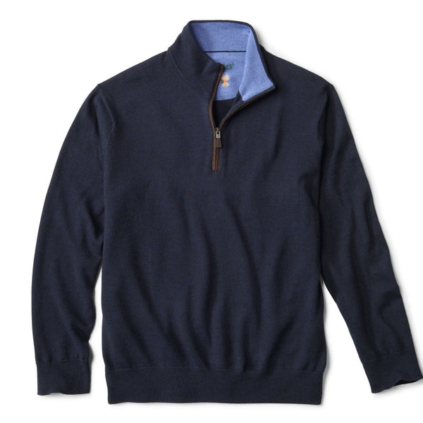 Navy blue pullover with a brown zipper on a white background