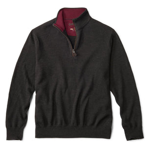 Dark gray pullover with a maroon collar on a white background