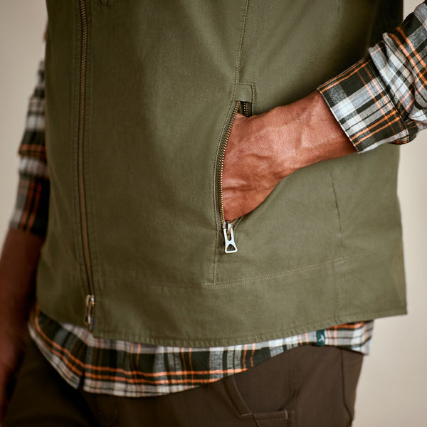 closeup of pocket of green vest for men