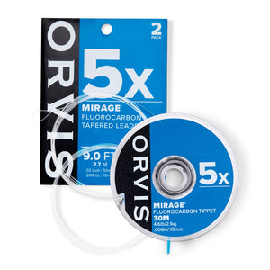 Orvis Mirage Fluorocarbon Tapered Leader and tippet packaging with blue and black design.