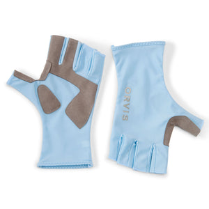 Blue and beige fishing gloves with Orvis logo