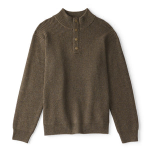 Brown ribbed knit sweater with button details on a white background