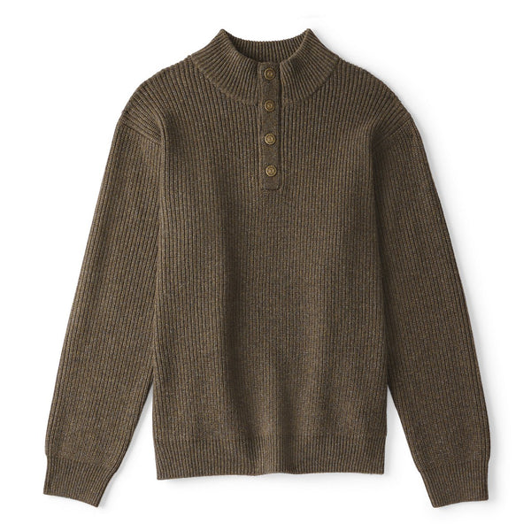 Brown ribbed knit sweater with button details on a white background