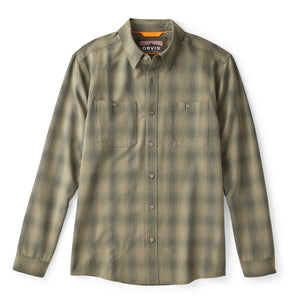 Plaid shirt with 'Orvis' branding on a white background