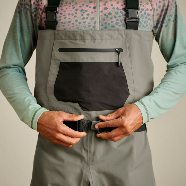 close up of man wearing waders