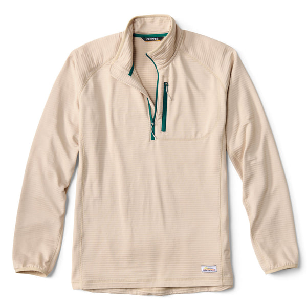 Beige sweater with dark green zipper details