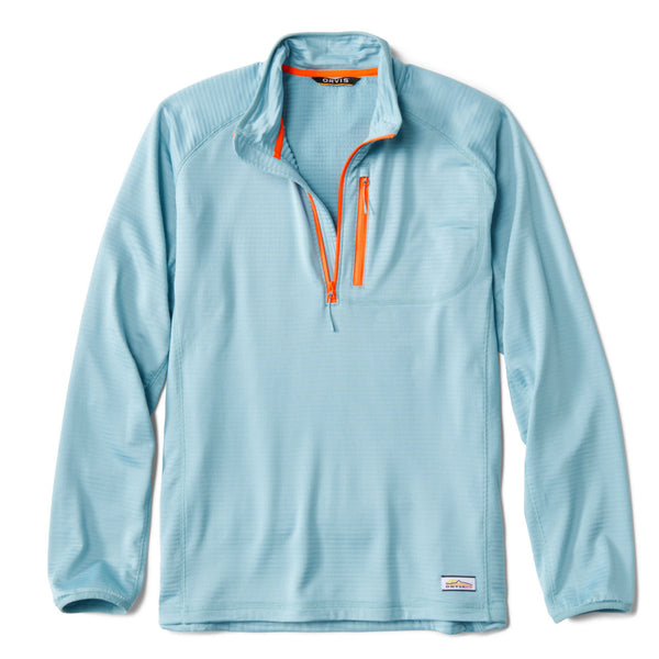 Light blue sweater with orange zipper details