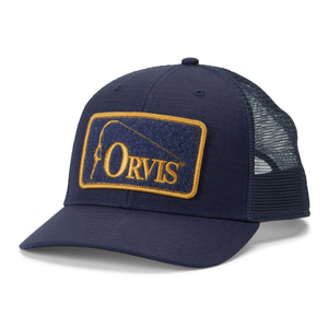 dark blue Orvis fishing cap