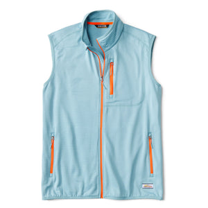 Light blue vest with orange zippers and accents on a white background