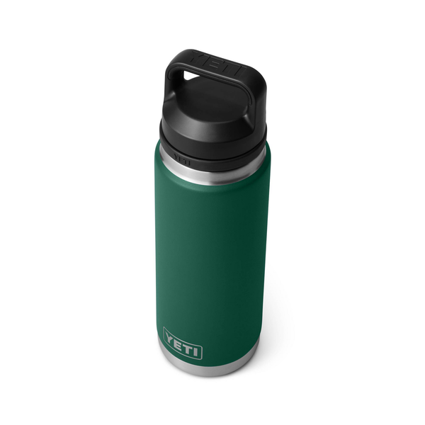 Green YETI water bottle with black lid on a white background