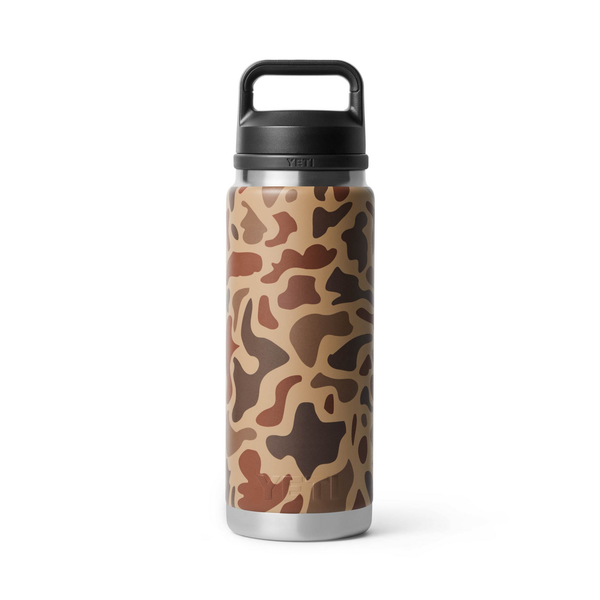 Camouflage-patterned Yeti water bottle with black lid on a white background