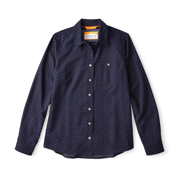 Navy patterned shirt with button details on a white background