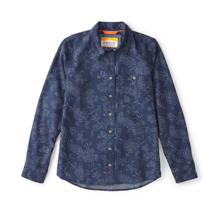 Navy patterned shirt with Orvis label on a white background