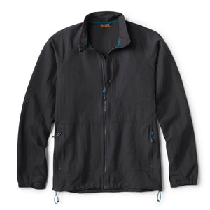 Black windproof jacket with blue zipper details