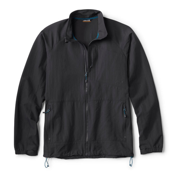 Black windproof jacket with blue zipper details