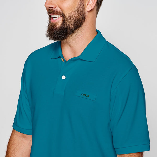 closeup of man wearing short-sleeved shirt from Orvis