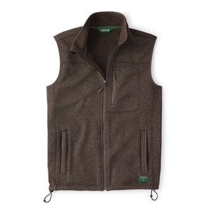 Brown fleece vest with Orvis logo on a white background