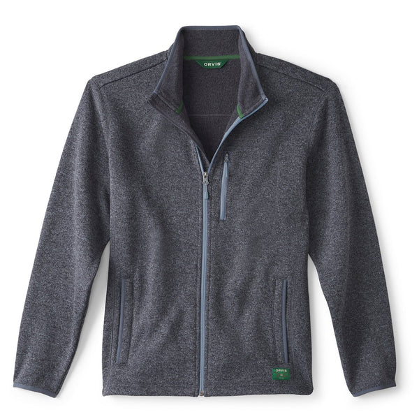 Grey fleece jacket with brand logo on a white background