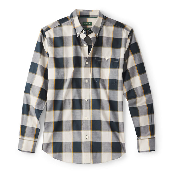 Plaid shirt with black, white, and grey pattern on a white background