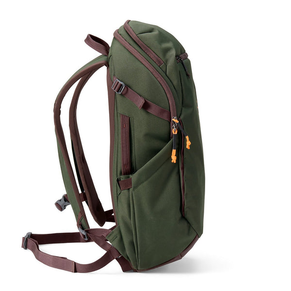 side og green and brown backpack with orange details on white background