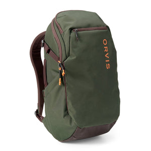 green and brown backpack on white bakcground with orange Orvis logo