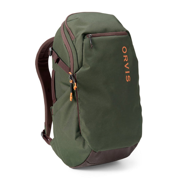 green and brown backpack on white bakcground with orange Orvis logo
