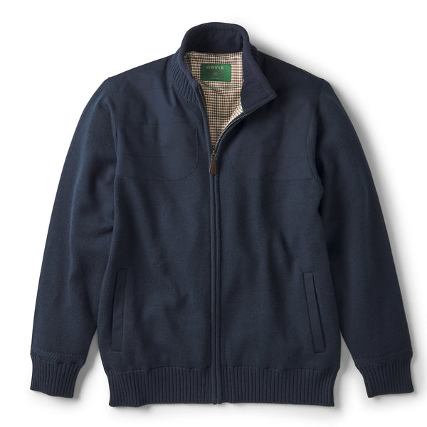 Navy blue jacket with a checkered collar on a white background