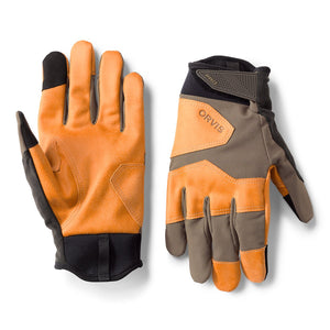 orange and beige fishing gloves from orvis on white background