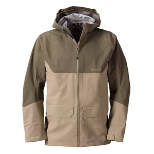 beige and brown jacket with Orvis logo on white background