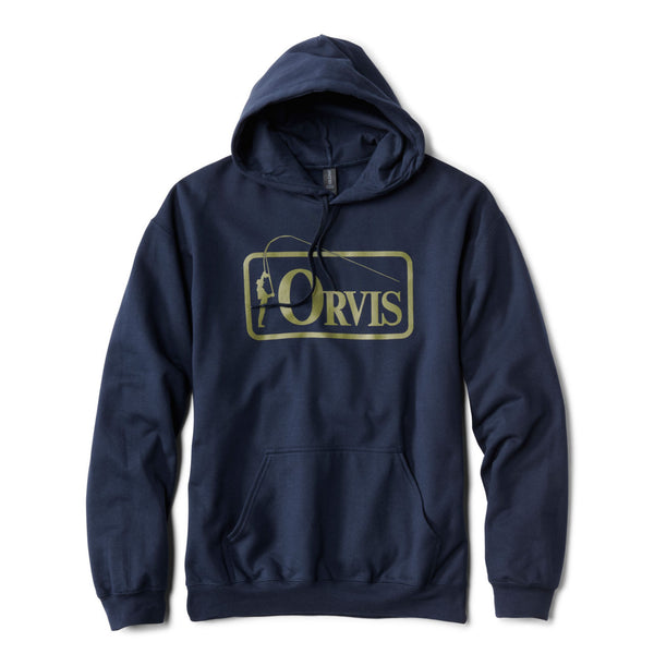 dark blue hoodie with Orvis lo