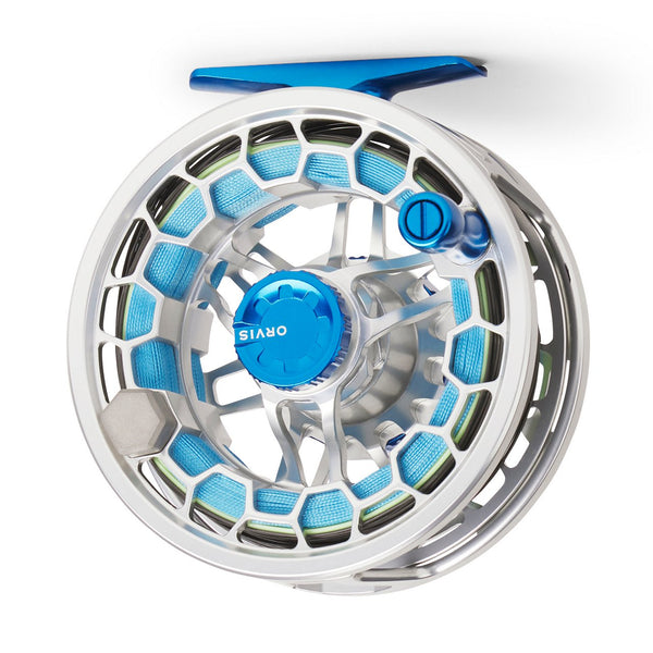 Blue and silver reel with Orvis logo on white background