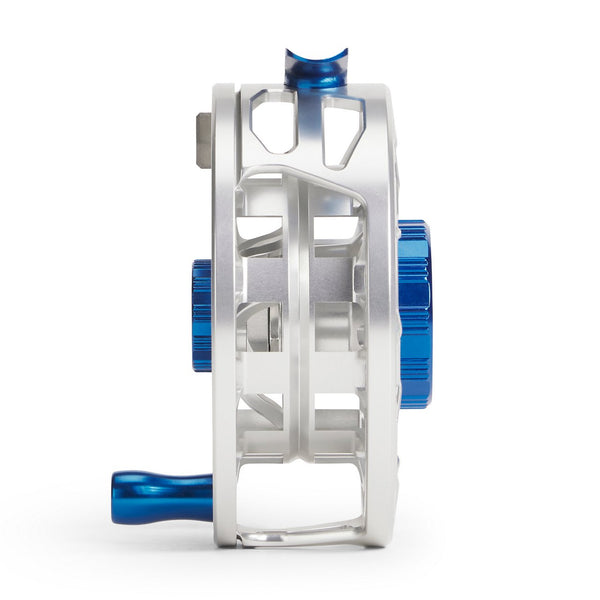 Blue and silver reel with Orvis logo on white background