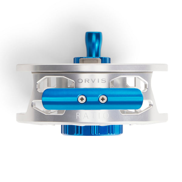 Blue and silver reel with Orvis logo on white background