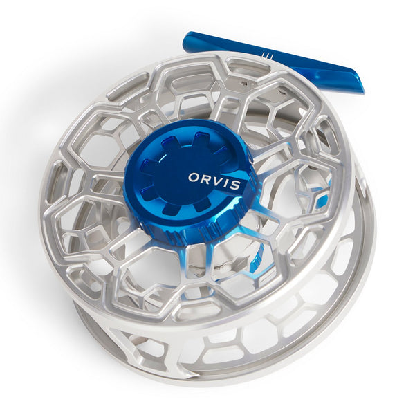 Blue and silver reel with Orvis logo on white background
