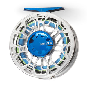 Blue and silver reel with Orvis logo on white background