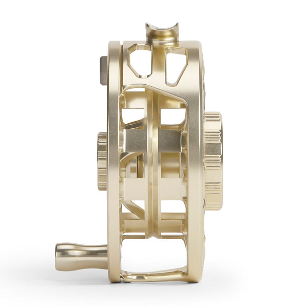side view of gold reel on white background