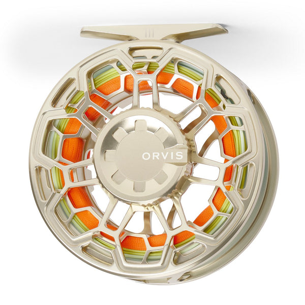 Orvis reel in gold on white background