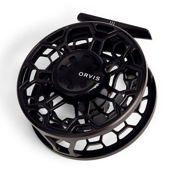 black Orvis reel on white background