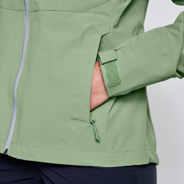 closeup of green waterproof jacket for woman