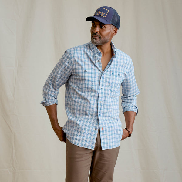 Man modelling blue and white shirt